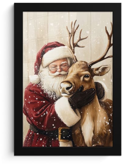 Poster in lijst - Fotolijst 20x30 cm - Posters - Kerstman - Rendier - Sneeuw - Kleurrijk - Posterlijst zwart - Decoratie - Wanddecoratie woonkamer - Muurdecoratie slaapkamer - Kerstversiering - Kerstdecoratie voor binnen - Kerstmis