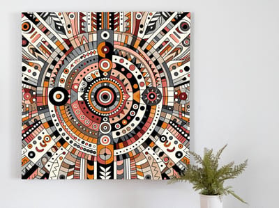Abstract aboriginal schilderij | Inheemse inspiratie: een kleurrijk en abstract kunstwerk van verbeelding | Kunst - 50x50 centimeter op Dibond | Foto op Dibond
