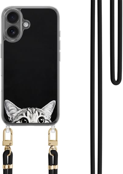 Casevibes - Telefoonhoesje met koord - Geschikt voor Apple iPhone 16 - Kat kiekeboe - Zwart - Print