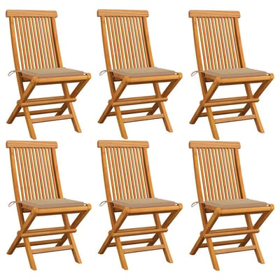 vidaXL - Klapstoelen - met - beige - kussens, - 6 - stuks, - massief - teakhout
