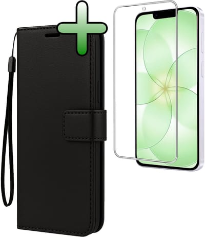 Hoesje Met Screenprotector - Geschikt voor Apple iPhone 17e - Luxe Pasjeshouder - Bookcase Portemonee - Flip Case - Kunstleer Book Case - Flipcase - Book Cover - Walletcase - Portemonneehoes - Zwart