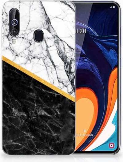 Samsung Galaxy A60 TPU Siliconen Hoesje Marmer Wit Zwart - Origineel Cadeau Man