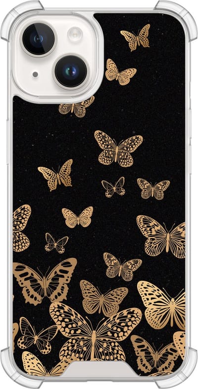 Shockproof hoesje - Geschikt voor iPhone 14 - Vlinders - Extra sterke case - TPU/polycarbonaat - Print / Illustratie - Goud, Transparant