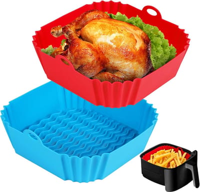 Oneay 2 stuks vierkante siliconen inzetstukken voor de airfryer - 20 cm herbruikbare airfryerpan - Airfryer accessoires - Airfryer inzetstukken voor 4 tot 7 liter oven- en magnetronaccessoires (rood + blauw)