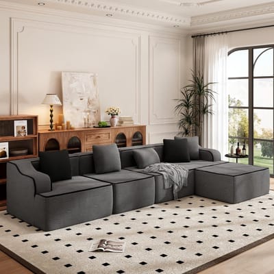 Modulaire Hoekbank Slaapbank 7-Zits 414 cm – Boneless Cloud Sofa Zonder Montage – Corduroy Bekleding – Diepe Zit 72 cm – Inclusief Kussens – Grijs – Laura