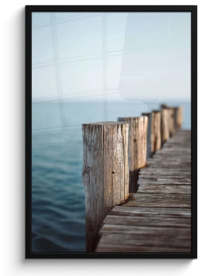 Poster in lijst - Fotolijst 60x90 cm - Posters - Houten steiger - Helderblauwe lucht - Posterlijst zwart - Decoratie - Wanddecoratie woonkamer - Muurdecoratie slaapkamer