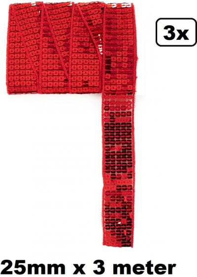 3x Paillettenband recht rood 300cm x 25mm – paillet band thema feest party