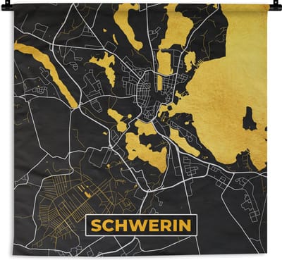 Wandkleed - Wanddoek - Schwerin - Goud - Stadskaart - Plattegrond - Kaart - Duitsland - 180x180 cm - Wandtapijt