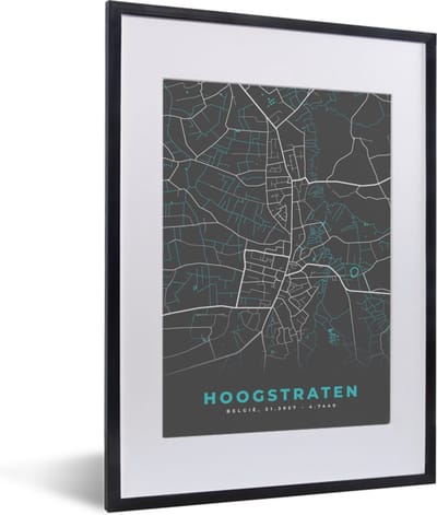 Fotolijst incl. Poster - België – Hoogstraten – Stadskaart – Kaart – Blauw – Plattegrond - 30x40 cm - Posterlijst