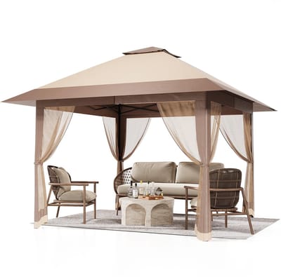 Triumpunpre Partytent 4x4m - Opvouwbaar Paviljoen - Easy Up - Met Muggennet - Tuinpaviljoen - Inclusief Draagtas - Waterafstotend - Kaki & Koffie