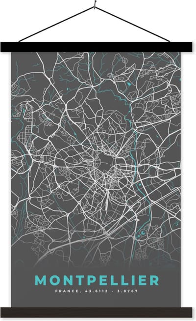 Posterhanger incl. Poster 40x60 cm - Schoolplaat - Montpellier - Frankrijk - Stadskaart - Kaart - Plattegrond - Textielposter - Zwarte latten - Stadskaart