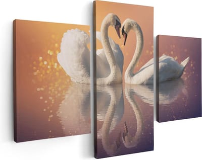 Artaza Canvas Schilderij Drieluik Zwanen Koppel in een Hart Vorm - 90x60 - Foto Op Canvas - Canvas Print