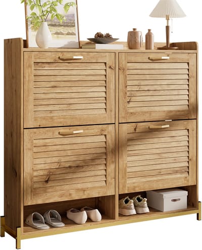 Clruro Schoenenkast - 108,5x24x100 cm - 4 Deuren met Houten Latten - Metalen Frame - Naturel