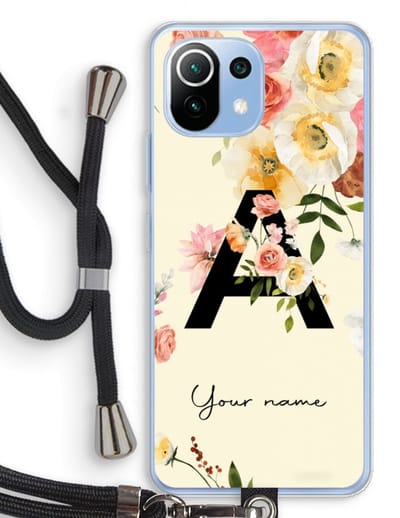 Gepersonaliseerd - Case Company® - Hoesje met koord geschikt voor Xiaomi Mi 11 Lite hoesje met Koord - Flirty Flowers Monogram - Telefoonhoesje met Zwart Koord - Bescherming aan alle Kanten en Over de Schermrand