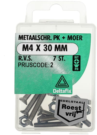 Deltafix metaalschroef / bout platte kop + moer M4 x 30 mm - RVS A2 - 7 stuks