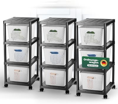 Novaliv 3x rolwagen 4 niveaus met rotan mand wit, badkamerplank badkamer keuken, opbergwagen zijwagen universele wagen schoonmaakwagen badkamerwagen opbergwagen, opbergorganizer