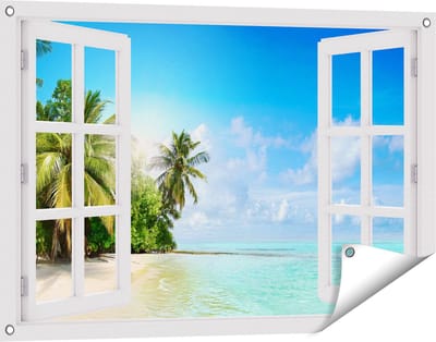 Gards Tuinposter Doorkijk Tropisch Strand bij de Licht Blauwe Zee - 90x60 cm - Tuindoek - Tuindecoratie - Wanddecoratie buiten - Tuinschilderij