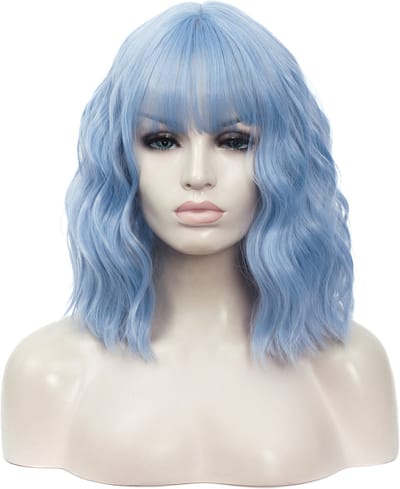 KIMU® Luxe Lichtblauw Pruik Schouderlengte - Rechte Pony Krullen - Lila Blauw IJsblauw Festival