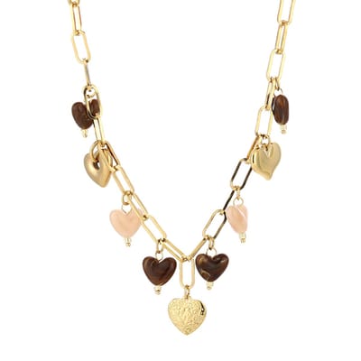 Halsketting Hartbedels - Bruin/Goud/Roze - Stainless Steel - Verkleurt niet - Trendy Winter 2025 - Goudkleurig
