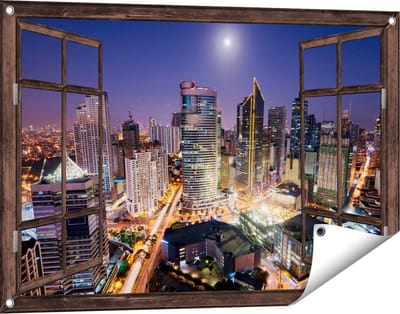 Gards Tuinposter Doorkijk Makati Stad Skyline in de Nacht in Thailand - 90x60 cm - Tuindoek - Tuindecoratie - Wanddecoratie buiten - Tuinschilderij