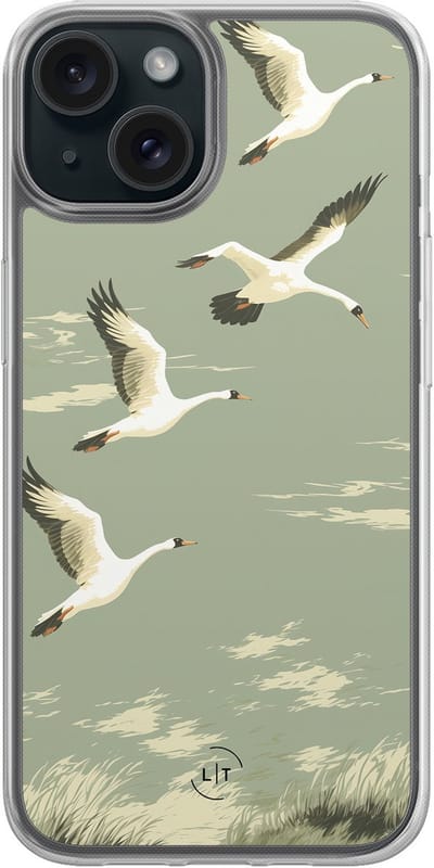 Hoesje geschikt voor iPhone 15 - Vogels - 2in1 backcover - Print / Illustratie - Groen - Leuke Telefoonhoesjes