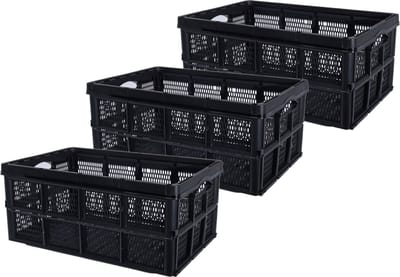 Inklapbare boodschappenkrat - Set van 3x stuks - opbergkrat - zwart - 48 x 35 x 24 cm - vouwkrat