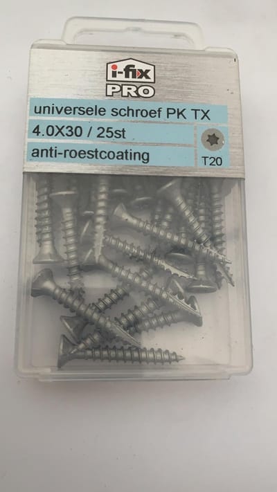 Houtschroef. 4.0 x 35mm. lang. platkop-Torx-T-20. Anti-roest-coating.25 stuks Spaanplaatschroeven. Ifix-Pro.