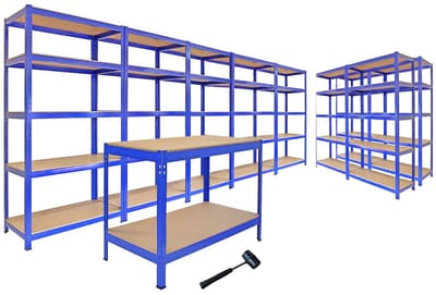 Stellingbundel t-rax - blauw - 7 rekken + werkbank - 5 laags