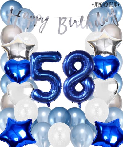 Snoes Ballonnen 58 Jaar Set Mega Blauw Zilver Ballon - Compleet Feestpakket Cijferballon 58 Jaar - Verjaardag Versiering Slinger Happy Birthday – Folieballon – Latex Ballonnen - Helium Ballonnen