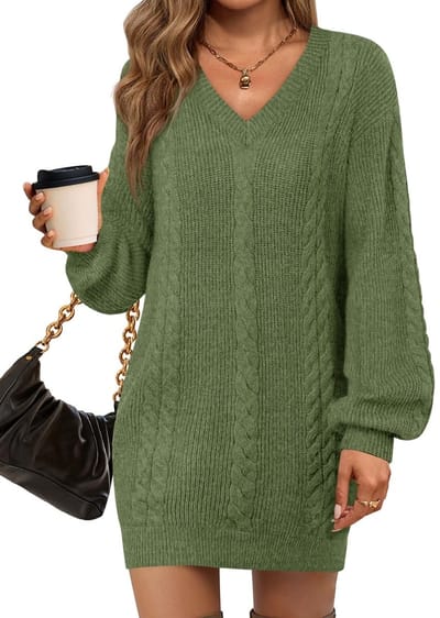 Dailygoods- Mini-jurk V-hals - Gebreide Tuniek - Oversized Pasvorm - Lange Mouwen - Casual - Zachte Vlechtstrik - Trui