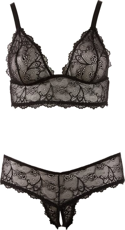 Cottelli Plus Size – Sexy Beha Set met Open Kruis en Licht Transparante Afwerking voor Avonden van Genot – Maat XL – Zwart