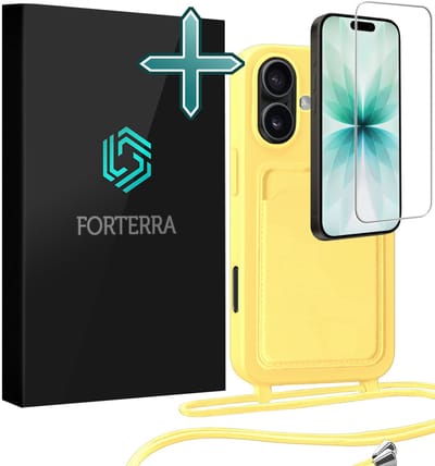 Hoesje Geschikt voor iPhone 17 Pashouder Case Siliconen Hoes Met Koord Met Screenprotector - Hoes Geschikt voor iPhone 17 Met Telefoonkoord Hoesje Back Cover Met Pasjeshouder - Geel