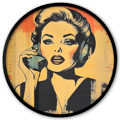 Poster in lijst Rond - Fotolijst 40x40 cm - Posters - Retro - Vrouw - Koptelefoon - Oranje - Ronde posterlijst zwart - Decoratie - Wanddecoratie woonkamer - Muurdecoratie slaapkamer