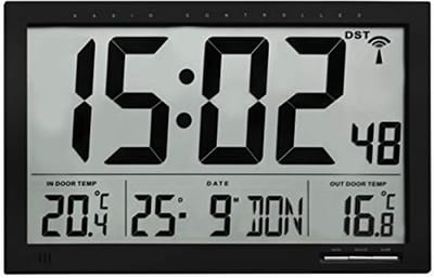 Radio Klok - Wandklok Buiten - Temperatuur Weergeven - Groot Display - 37 cm - Zwart
