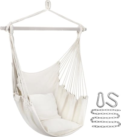 Hanging rocking chair - Comfortable cotton fabric - Portable indoor and outdoor use - Includes cushions