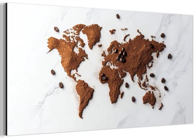 Aluminium schilderij 120x60 cm - Wanddecoratie metaal - Wereldkaart - Koffie - Marmer - Metalen muurdecoratie woonkamer - Decoratie industrieel - Foto op dibond - Industriële accessoires slaapkamer
