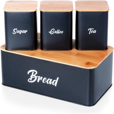 Broodtrommel met Container voor Thee, Koffie, Suiker Metaal Zwart 4 delig - Voorraaddozen Set - Doos - Box - Vershouddoos