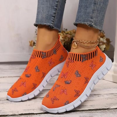 Dames Breien Casual Sneakers Mode Vlinderprint Zachte Zool Hardloopschoenen Vrouw Lichtgewicht Ademend Platte Trainers 42 oranje