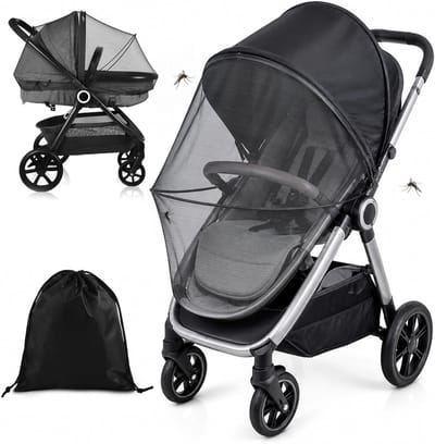 Muggennet voor kinderwagen met zonnezeil en insectenbescherming, 2-in-1 zonwering en UV-bescherming tegen muggen en vliegen