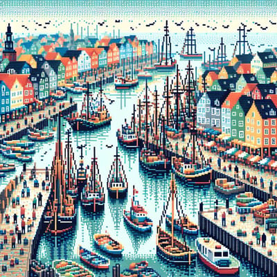 Pixel art haven schilderij | Haven of Pixel: A Technicolor Portrayal of Maritime Artistry | Kunst - 60x60 centimeter op Canvas | Foto op Canvas