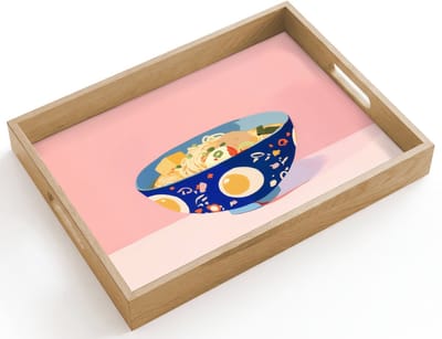 Dienblad hout 40x30 cm - Schootdienblad - Noodles - Kom - Blauw - Illustratie - Borrelplank rechthoek - Plateau dienbladen