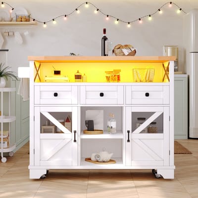 Keukenwagen met LED-verlichting en opvouwbare tafel - verplaatsbaar - bar - zijkast - met lade - serveerwagen