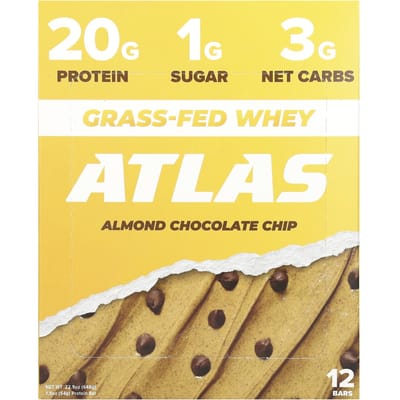 Atlas Bar, Grasgevoed Wei Eiwitreep, Amandel Chocolade Chip, 12 Repen, 54 g (54 g) Elk