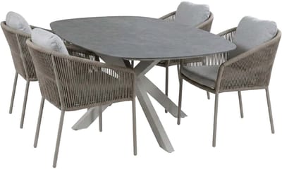 5-delige tuinset | 4 Alezio tuinstoelen (Latte) | Tuintafel Barletta 180x115cm (Desert Pearl/Camel)