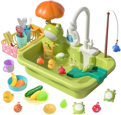 Keukenspeelgoed - Speelgootsteen met stromend water - met verbeterde elektrische kraan - Accessoires voor speelkeukenspeelgoed - Drijvend visspeelgoed voor in het zwembad - Speelbare vaatwasser voor kinderen