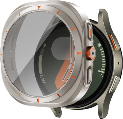 Bandz 'Square' hoesje met screenprotector geschikt voor Samsung Galaxy Watch 7 - 44mm - hard plastic beschermhoes - glazen screen protector - Full cover case + screenprotector (titanium naturel)