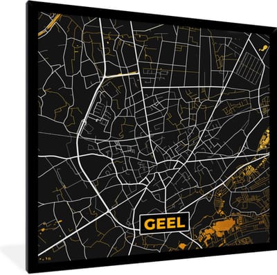 Fotolijst incl. Poster - Stadskaart - Geel - Kaart - Plattegrond - Goud - 40x40 cm - Posterlijst