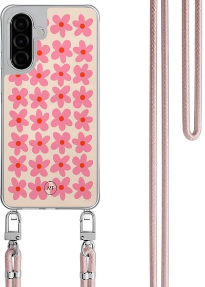Hoesje met koord geschikt voor Samsung Galaxy A26 - Retro blooms - Inclusief Rosegoud koord - Crossbody beschermhoes - Transparant, Roze - Mooie Telefoonhoesjes