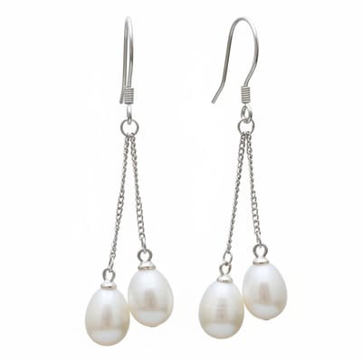 Zoetwater parel oorbellen Cleo Two - oorhangers - echte parels - sterling zilver (925) - wit - sieraden zakje - parel oorbellen dames