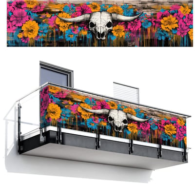 Balkonscherm 500x120 cm - Balkonposter Schedel - Bloemen - Graffiti - Balkon scherm decoratie - Balkonschermen - Balkondoek zonnescherm